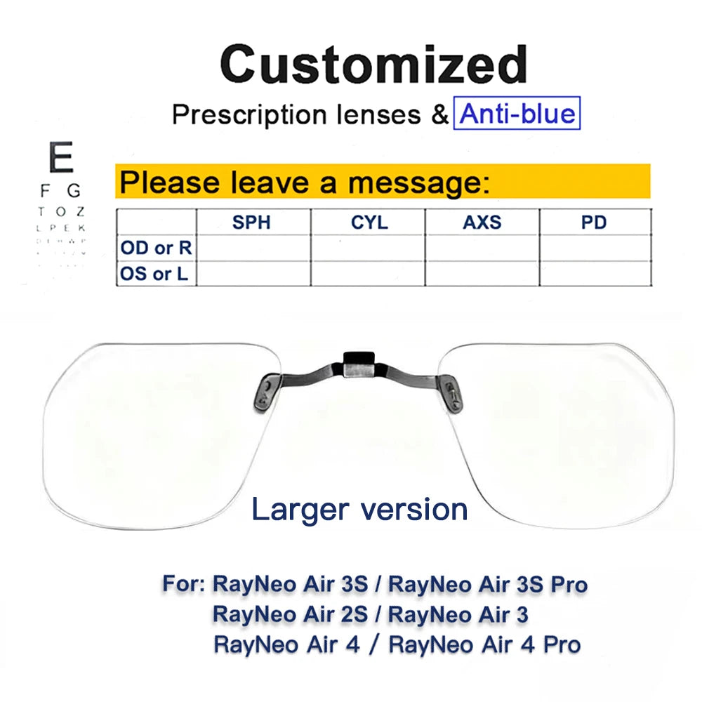 For RayNeo Air 4/Air 4 Pro/Air3S Pro/Air3/3S/Air 2S Smart Glasses Lens Custom Myopia and Hyperopia Anti-Blue Anti-glare Lenses