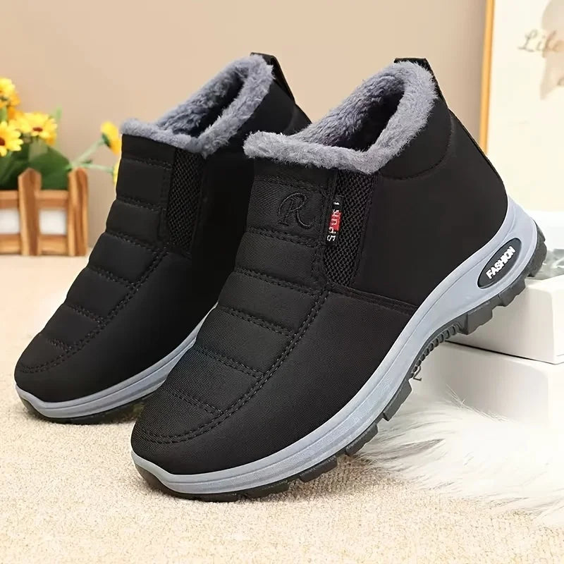Women's super warm winter boots with anti slip thick soles, low heels, round toe section, solid color outdoor hiking