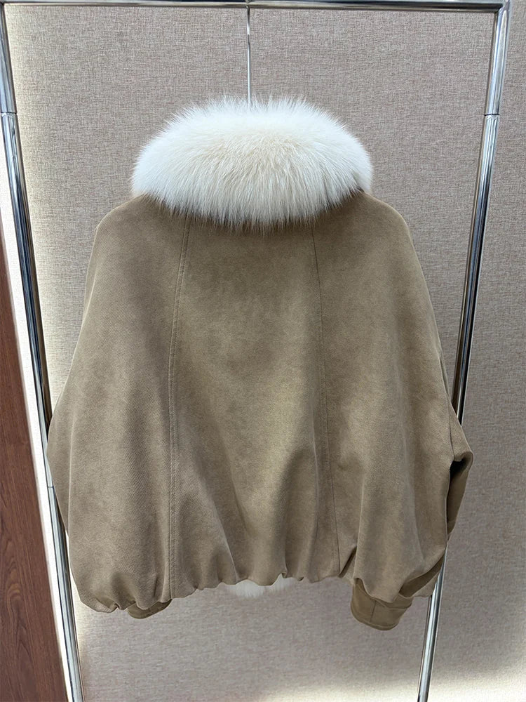 2026 New Winter Women Goose Down Jacket Natural Real Fox Fur Collar Coats Denim Puffer Jacket Outwear