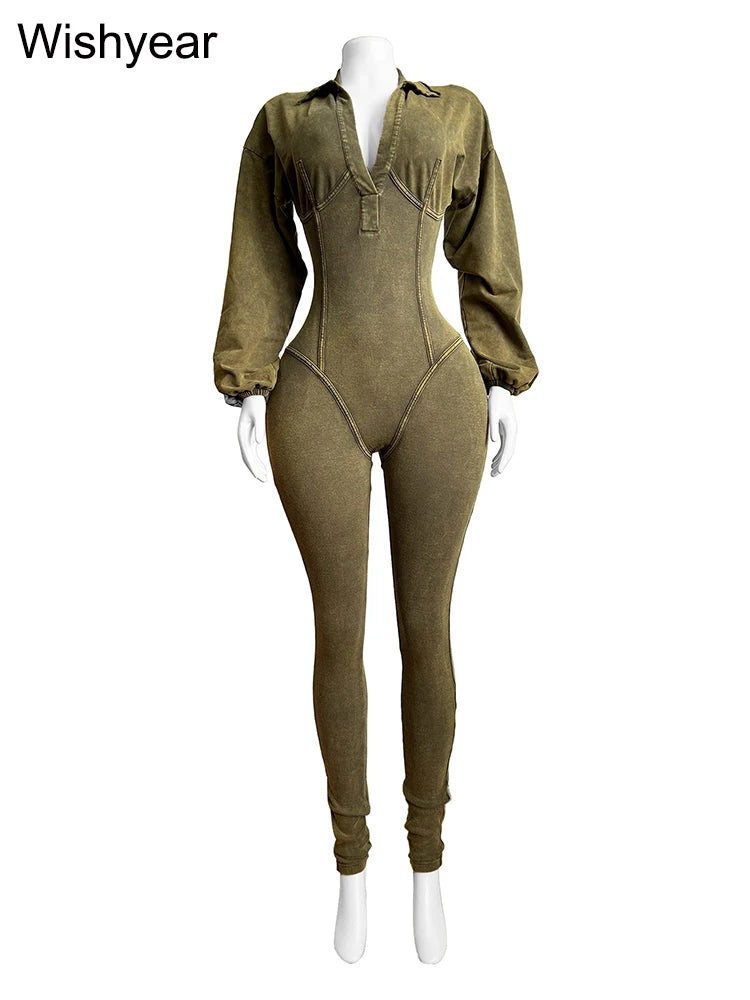 Elegant Autumn Pink Jumpsuits for Women Street Long Sleeve Lapel Bodycon Sexy Sporty Rompers Casual Skinny One Pieces Overall