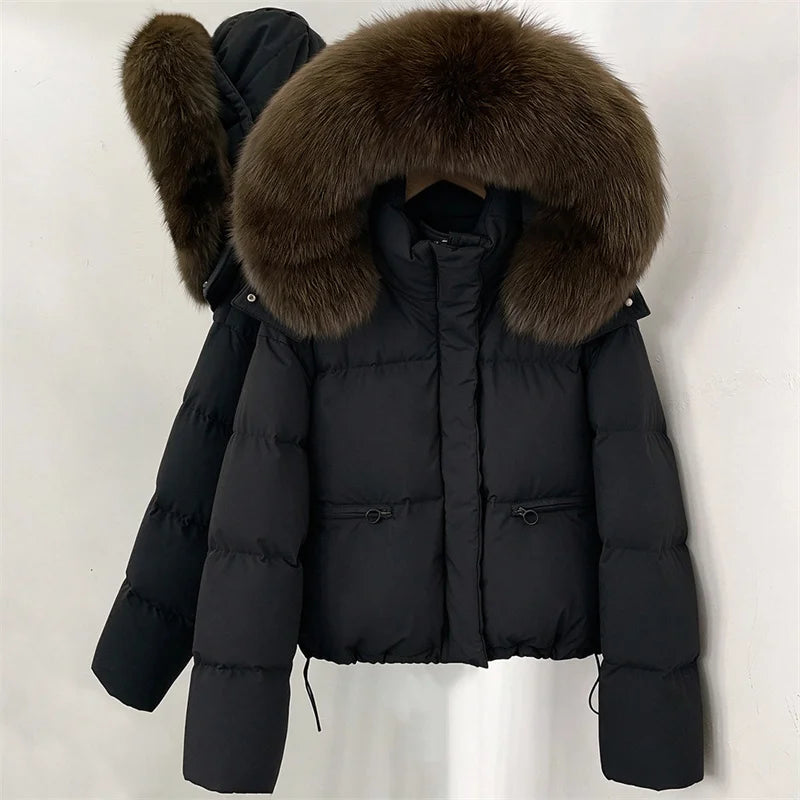 women's winter down jacket 2026 new detachable fox fur collar hooded women's down coat White duck down filled warm thick coat