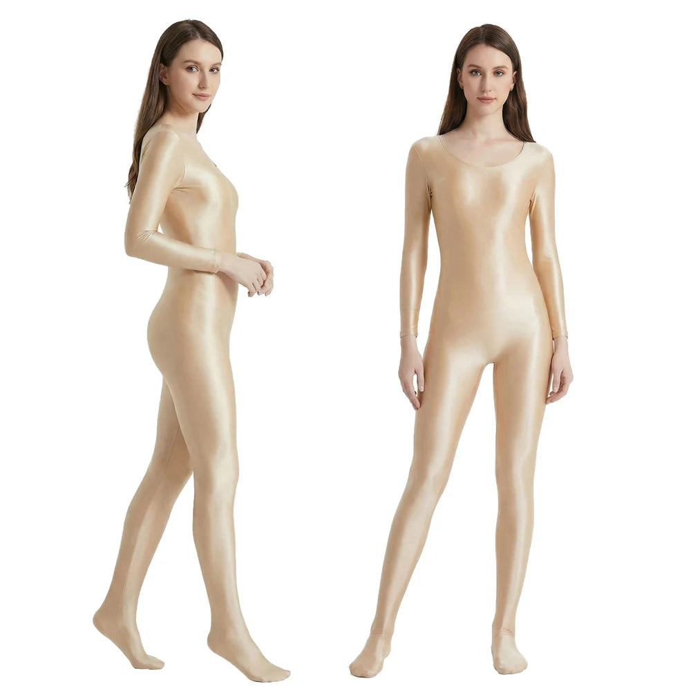 Women's Smooth Glossy High-Elastic Round Neck One Piece Catsuit Long Sleeve Zentai Jumpsuits Cosplay Performance Tights Bodysuit