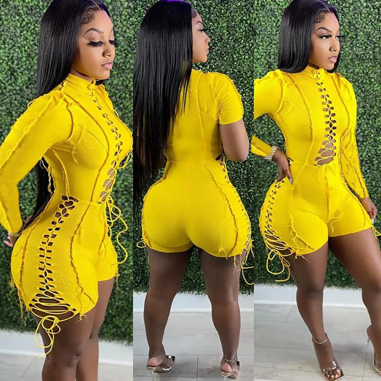 Jump Suits Women One Piece Full Sleeve Drawstring Overalls Short Pants Tight Waist Rompers Hollow Out Y2k Streetwear Sexy 2026
