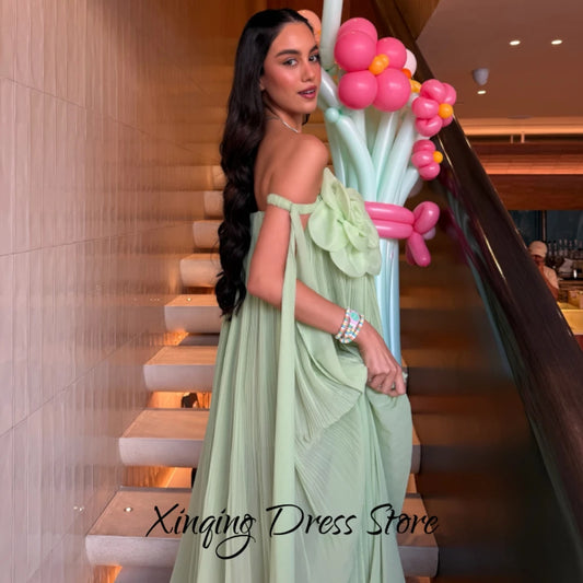 Elegant Flowers Off the Shoulder Evening Dress Delicate Watteau Train Strapless Customized Celebrity Gowns Soft Chiffon Gown