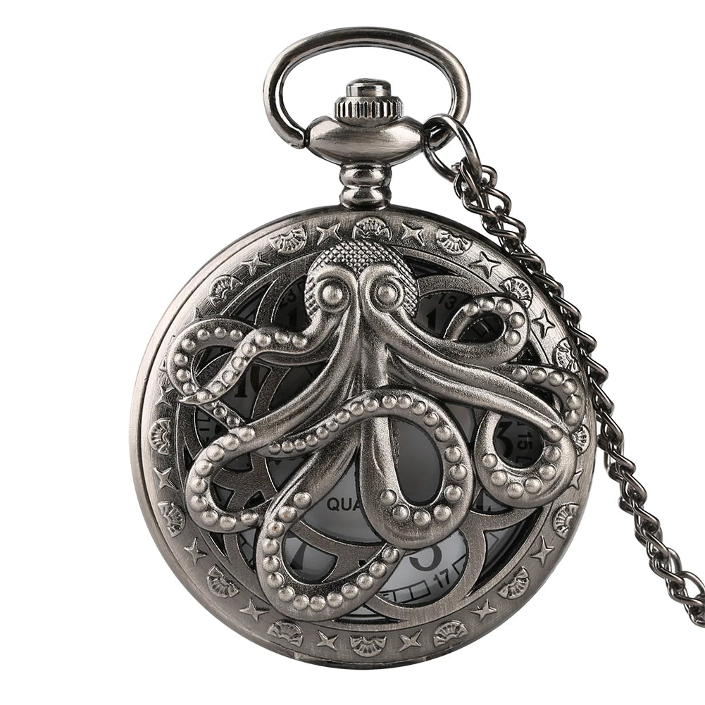 Retro Octopus Pattern Quartz Pocket Watch Arabic Numerals Dial Necklace Pendant Clock Vintage Fashion Timepiece Gift Unisex