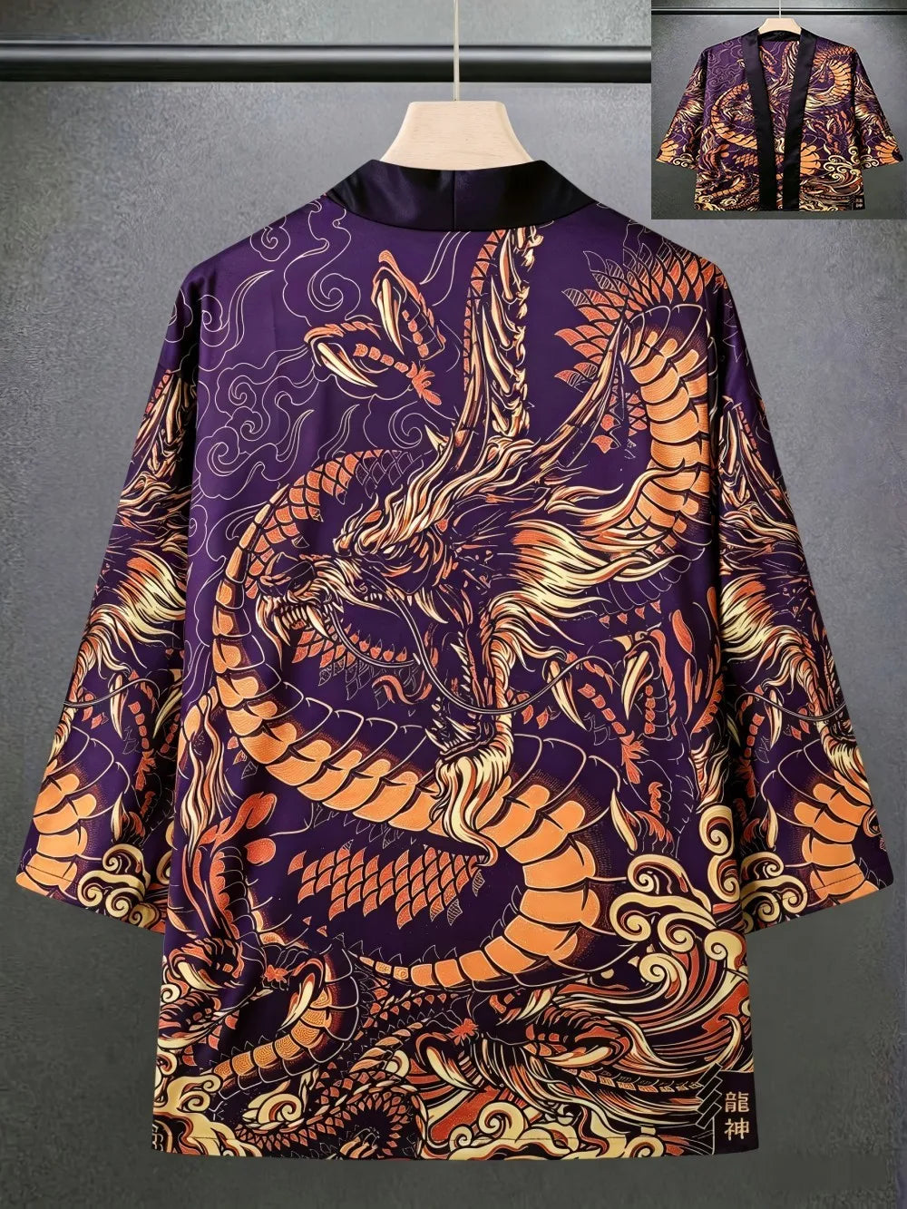 European And American men's Summer Retro Dragon Teng Print Soft And Breathable Open Top Traditional Kimono Outdoor Casual Top