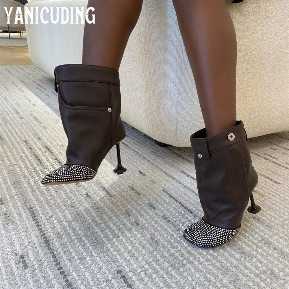 Rhinestone Pocket Booties Novelty Designer Style Strange Heel Ankle Boots Soft Leather Luxurious Bling Bling Booties for Women