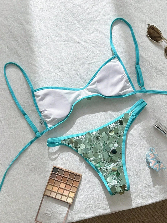 XS - L Glitter Sparkling Squins Halter Bikini Women Swimsuit Female Swimwear Two-pieces Bikini Set High Cut Bathing Suit Swim
