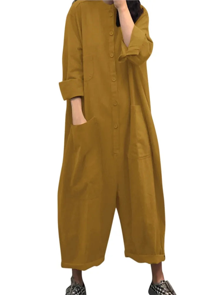Solid Color Casual Loose Pocket Jumpsuit Women New Fall Simple Long Sleeve Shirt Female Vacation Rompers Fashionable Streetwear