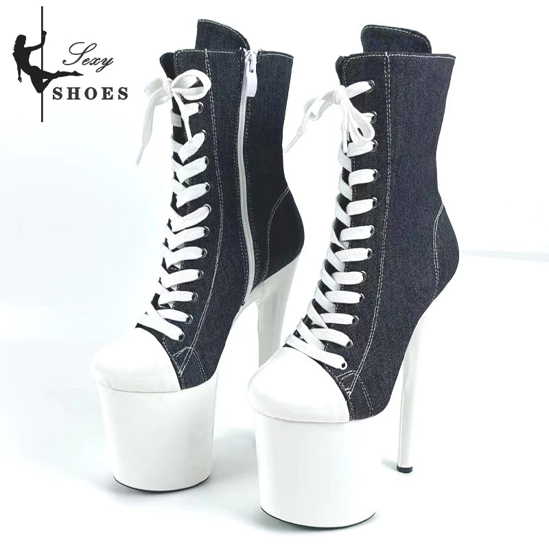 15 17 20cm Super High Nightclub Platform Heels Strappy Canvas Women's Ankle Boots Sexy Round Toe Pole Dance Shoes Ladies Boots