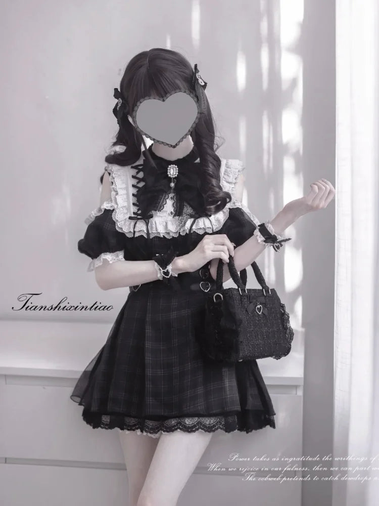 Summer Japanese Dark Goth Academy Style Dress Women's Bow Lace Off Shoulder Plaid Dress Y2K Harajuku Jirai Kei Dress Yami Kawaii