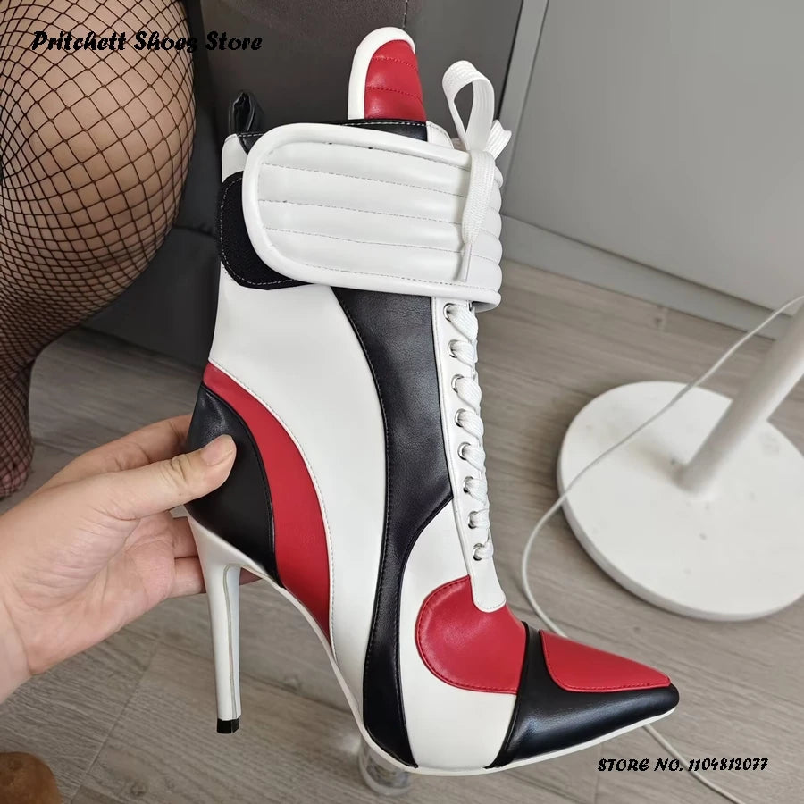 Women's Sports Style Stiletto Booties Patchwork Cross-tied Trending Ankle Boots Pointed Toe Thin Heels Side Zip Plus Size Shoes