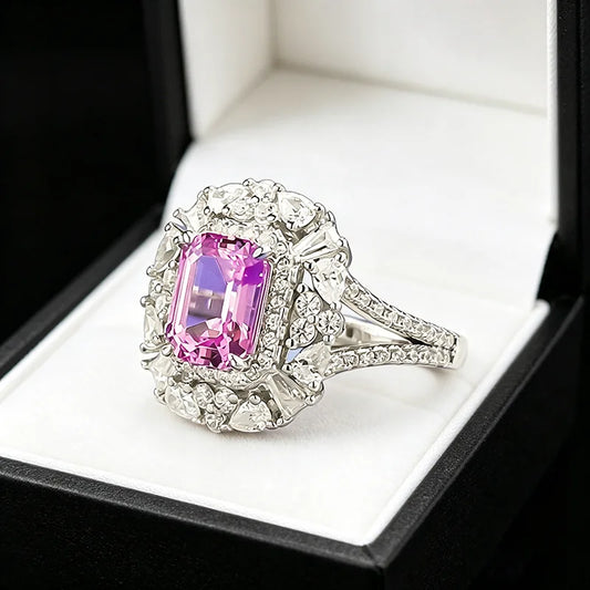 Luxury 18K white Solid Platinum PT950 certifid rectangular 6*8mm pink sapphire culture ring with multi-shaped diamond surround