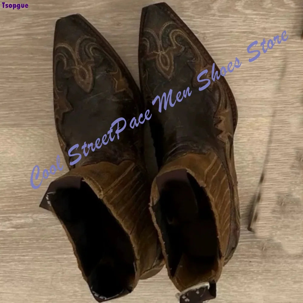 Vintage Embroidery Western Cowboy Ankle Boots Men Distressed Washed Leather Pointed Elastic Slip On Chelsea Boots Low Block Heel
