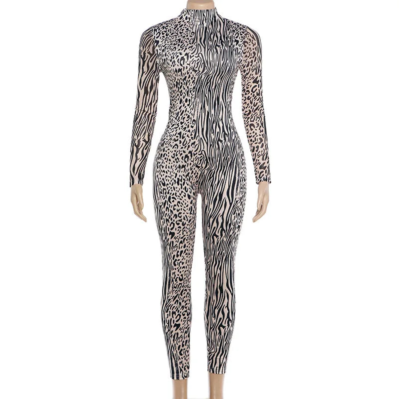 Zebra Stripes Leopard Print Skinny Jumpsuits Women Sexy See Through Mesh Patchwork Half High Collar Full Sleeve Slim Overalls