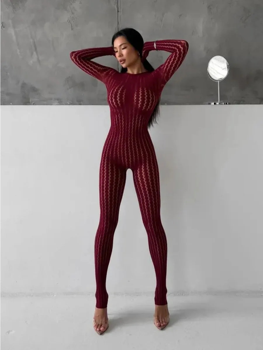 Women's Burgundy Sheer Lace Jumpsuit Long Sleeve Bodycon One Piece Romper Openwork Pattern for Party Club Evening Wear