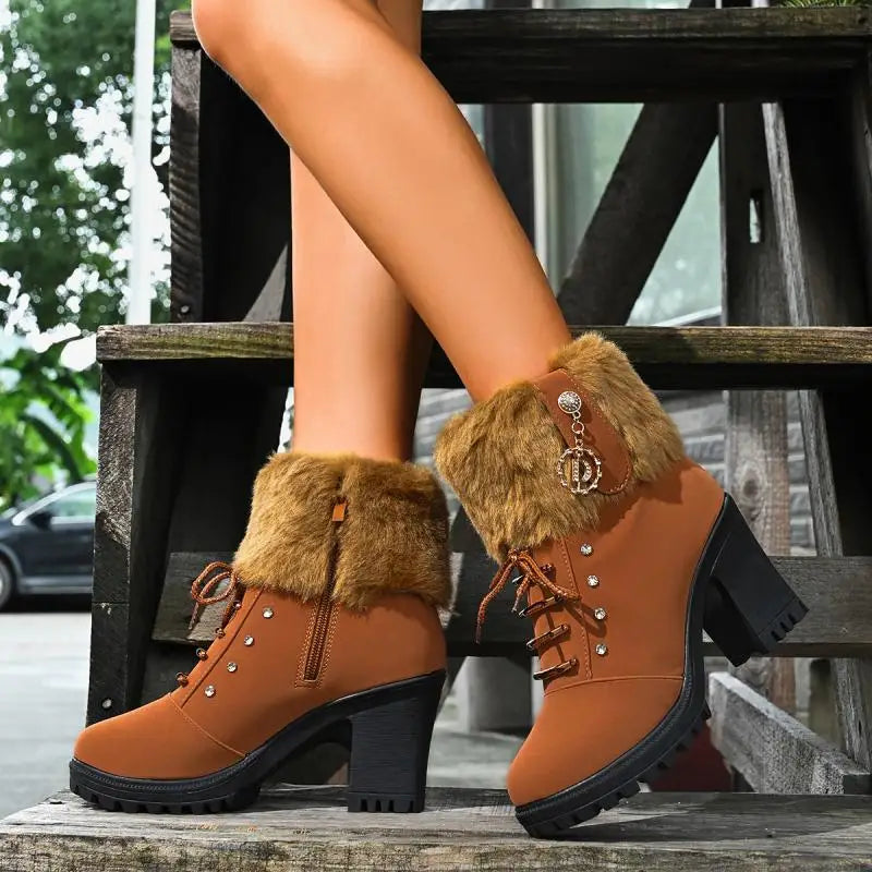 Elegant Fluffy Fur Thick High Heel Suede Ankle Boots Women Winter 2026 Designer Warm Plush Black Short Boots Woman Furry Booties