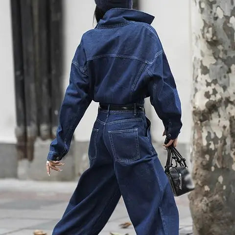 Jumpsuits Women Autumn Spring Fashion New Safari Style Loose Long Sleeve Denim Jumpsuits Office Lady