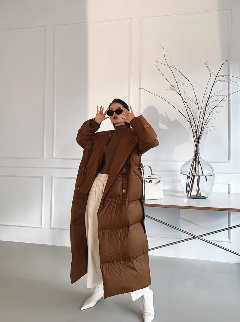 High end Ultra long White goose down Jacket For women Winter 2025 New Fashion Down Coat Female Thicken Parka Overcoat with belt