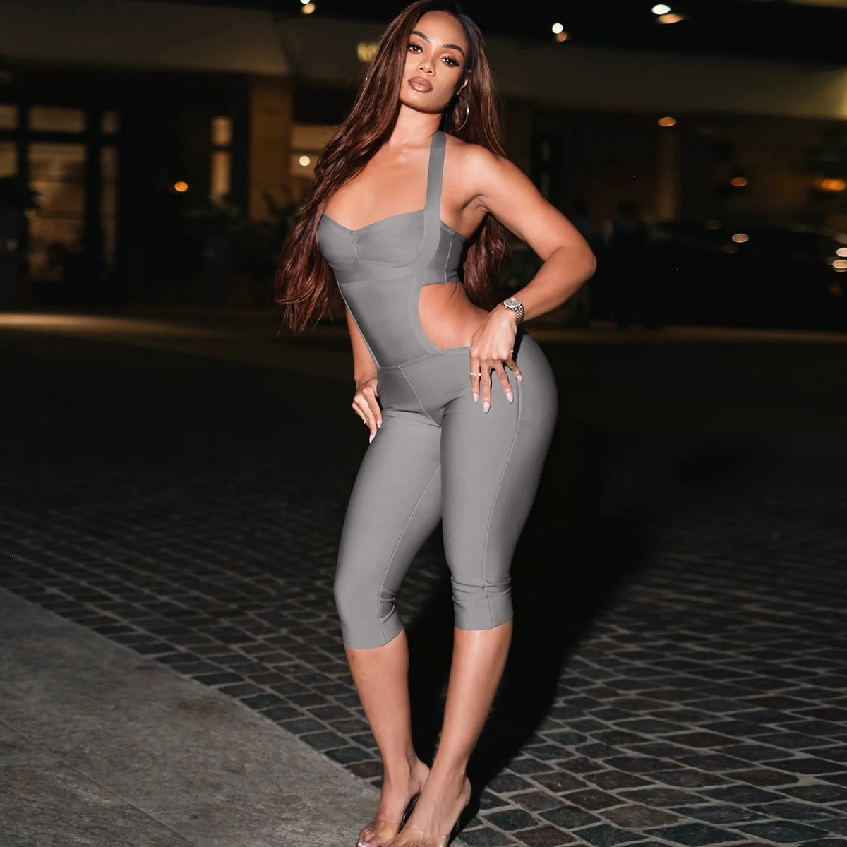 Women Fashion Sexy Hollow Out Halter Backless Skinny Knee Length Jumpsuits Solid Strapless Booty Lifting Slim cASUAL oVERALLS