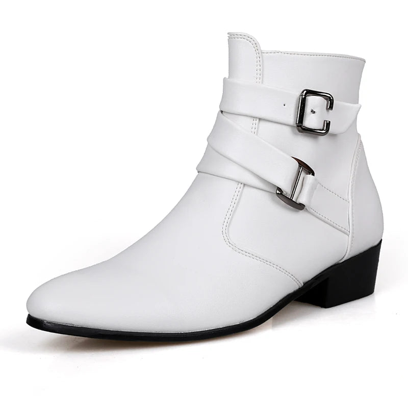 Leather Chelsea Boots Men Designer 2024 White Dress Boots Men Casual High top Buckle Strap Formal Shoes Men Motorcycle Boots