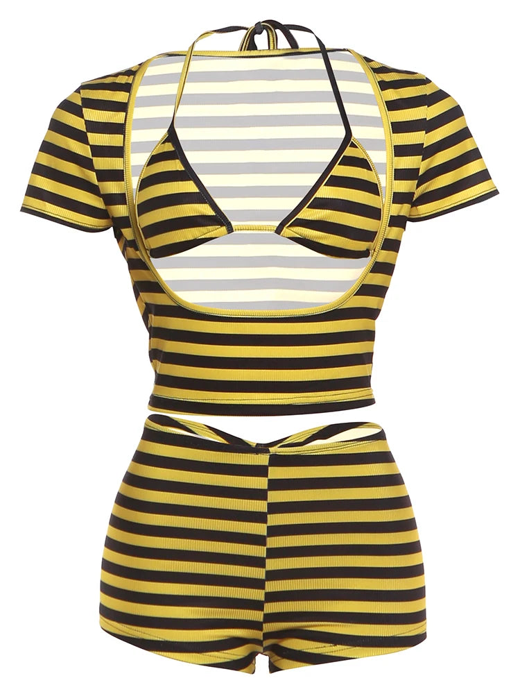 Weird Puss Stripe Patchwork 3 Piece Set Woman Lace-Up Halter Bra Tops+Low-Neck Short Sleeve T-Shirt+Mini Shorts Sexy Bikini Suit
