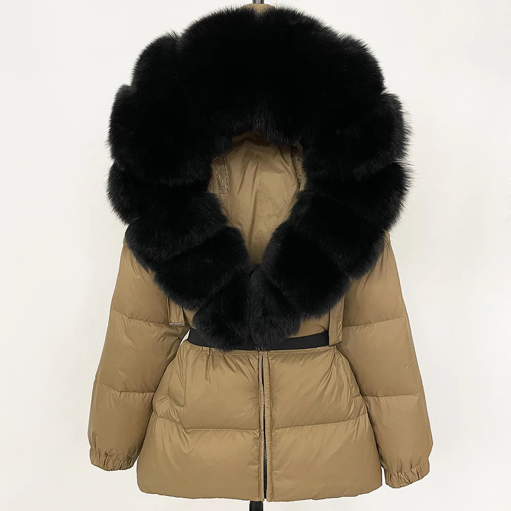 Hot Sale Women Luxury Black Down Jacket Waist‑Cinched Design High‑End Elegant Real Big Fox Fur Hooded Collar Winter Outerwear