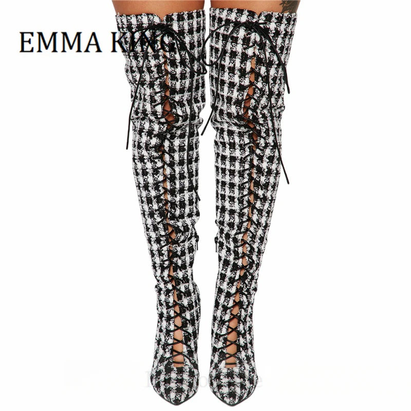 Women Plaid Lace Up Boots Sexy Pointy Toe Stiletto Heel Long Boots Ladies Fashion Footwear Non- Stretch Fabric Botas De Mujer 44