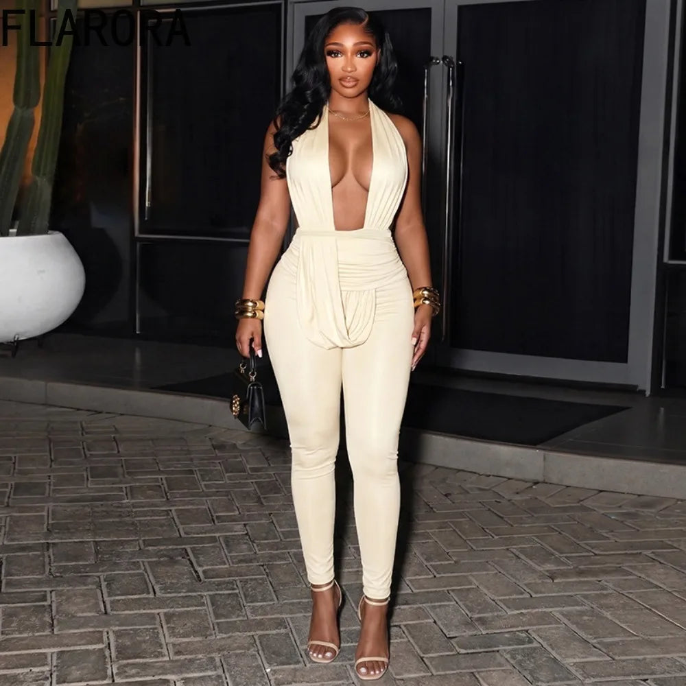 FLARORA Sexy Halter Backless Jumpsuits Woman Deep V-neck Sleeveless Ruched Waist With Draped Tie Skinny Jumpsuit Party Clubwear