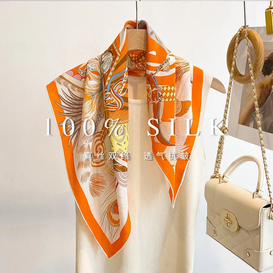 Luxury 100% Mulberry Silk Square Scarf 70X70cm Vintage Exotic Safari Horsebit Floral Print Neck Wrap Shoulder Shawl Bag Decor