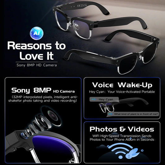 2026 New Men Smart AI Glasses 4K HD 800MP Camera Chat GPT Bluetooth Call Language Translation Wifi Music Player Sunglasses Women
