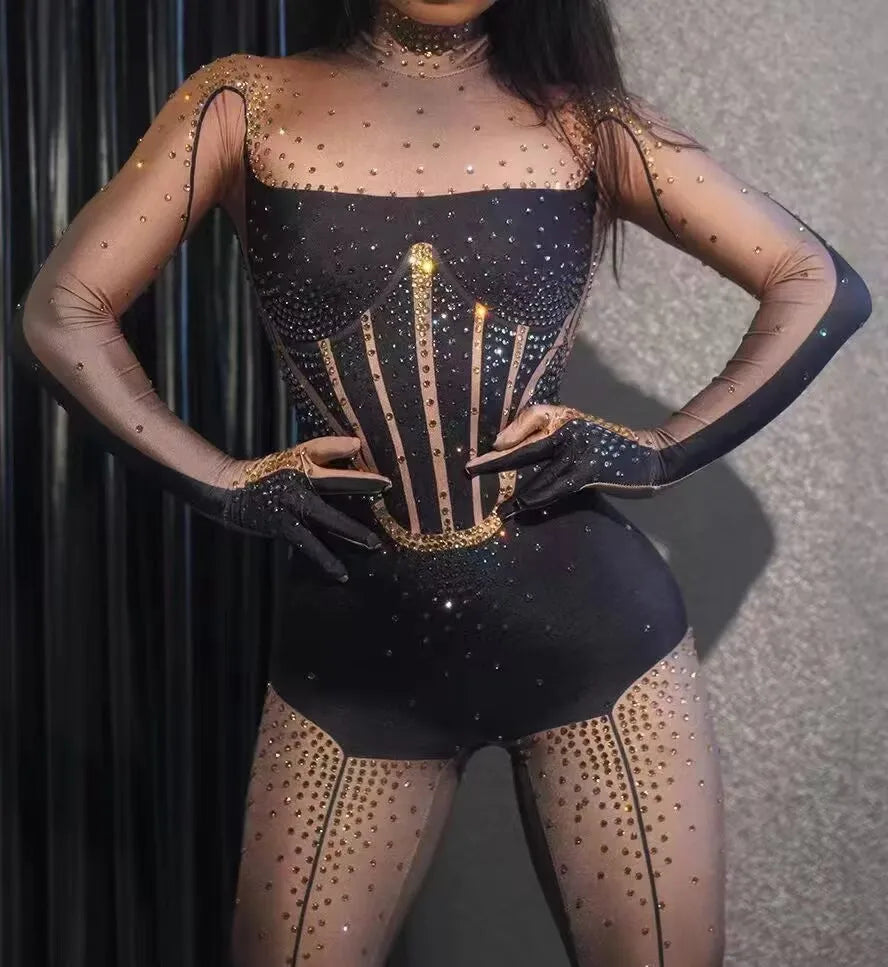 Sexy Full Diamond Long Sleeved Jumpsuit Ballroom Pole Dancer Performance Outfit Fashionable Club Suit Women's Photography