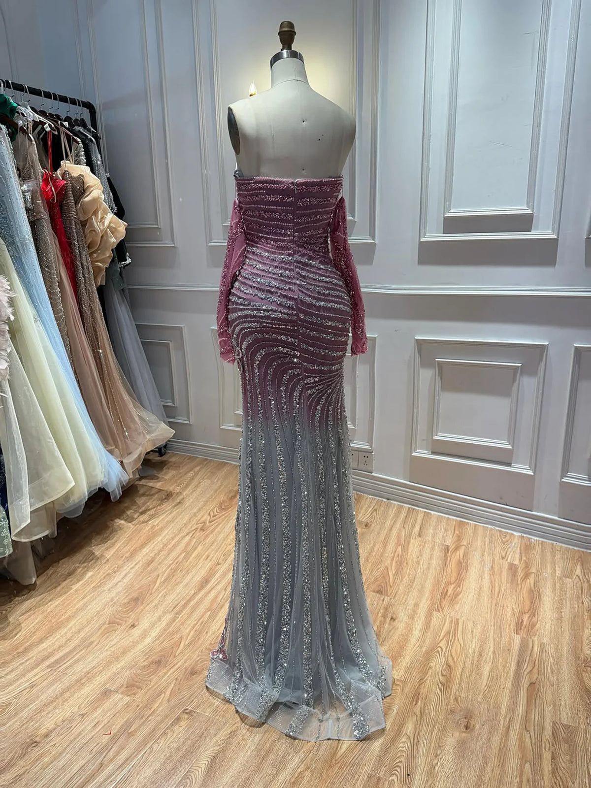 Serene Hill 2026 Luxury Pink Gradient Beaded Mermaid Evening Dress Strapless Crystal Floral Formal Gown LA73532 Customized