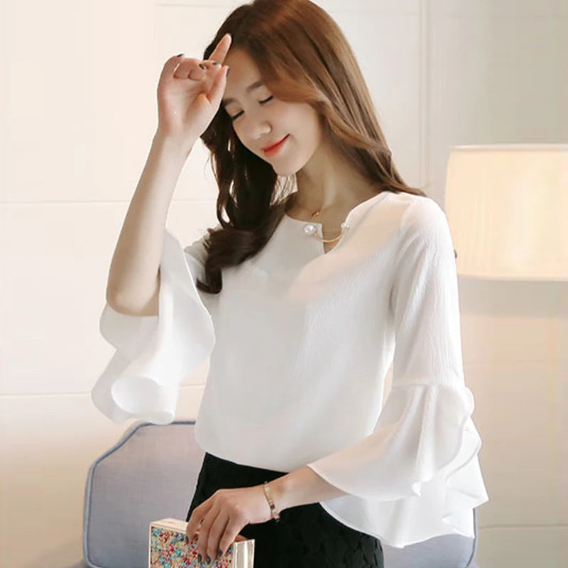 Seven-point Female Ruffled Sleeved Loose Shirt Chiffon Blouses