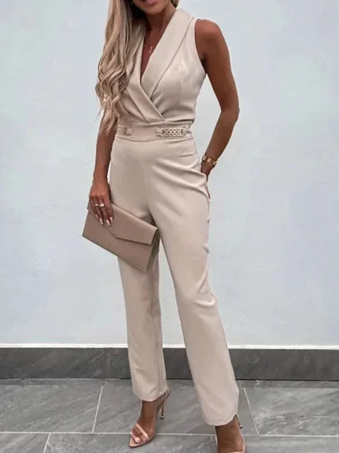 Women Summer Jumpsuit Backless V Neck Solid Zipper Off Shoulder Sleeveless Overalls With Pockets Casual Slim Long Rompers Female