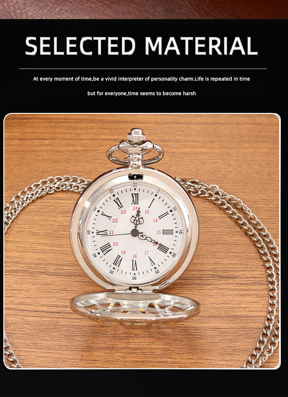Fashion New Vintage Relief Carved And Hollowed Out Roman Flip Style Pocket Watch On Chain Pendant Clock Chain Mens Women