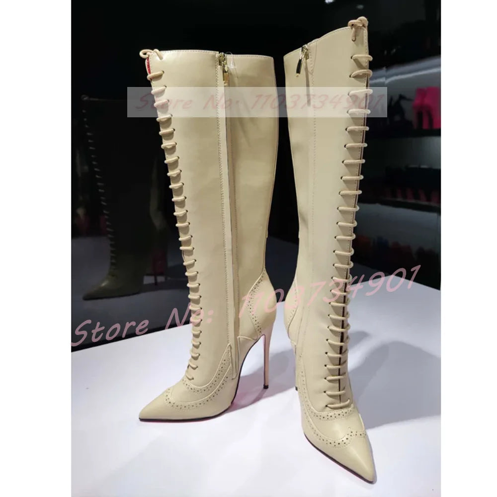 Pink Sole Zipper Knee Length Boots Women Sexy Nightclub Lace Up Pointy Toe High Heels Boots Lady Party Nifty Punk Fashion Shoes