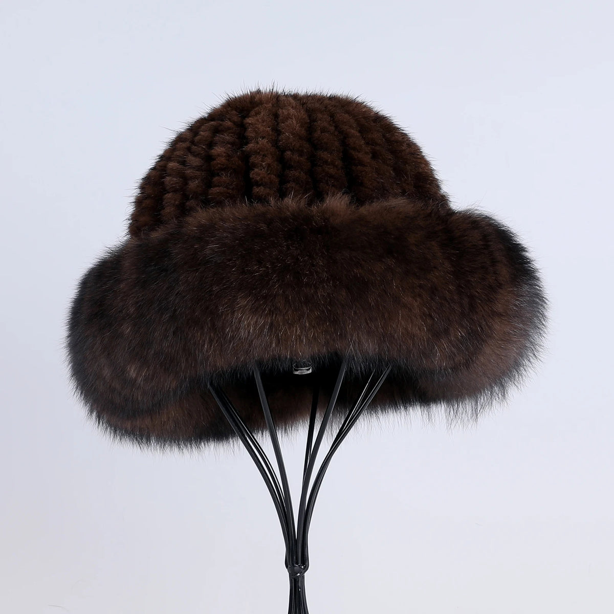 Women's Winter Warm Genuine Premuim Mink Fur Knitted Bucket Hat Furry Real Fur Caps Big Fox Fur Trim Brim Adjustable