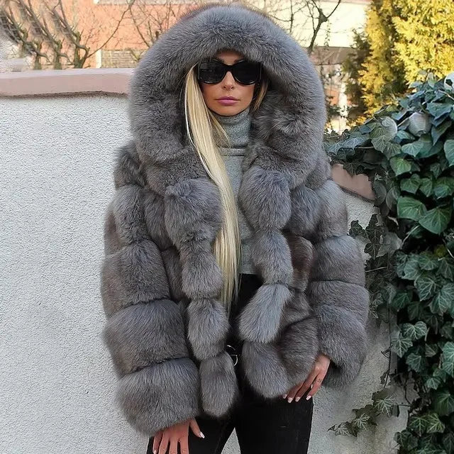 Fashion Winter Women Imitation Fox Fur Jacket Hooded Loose Long Sleeves Female Eco Fur Coat Patchwork Plush Thick Lady Fur Coat