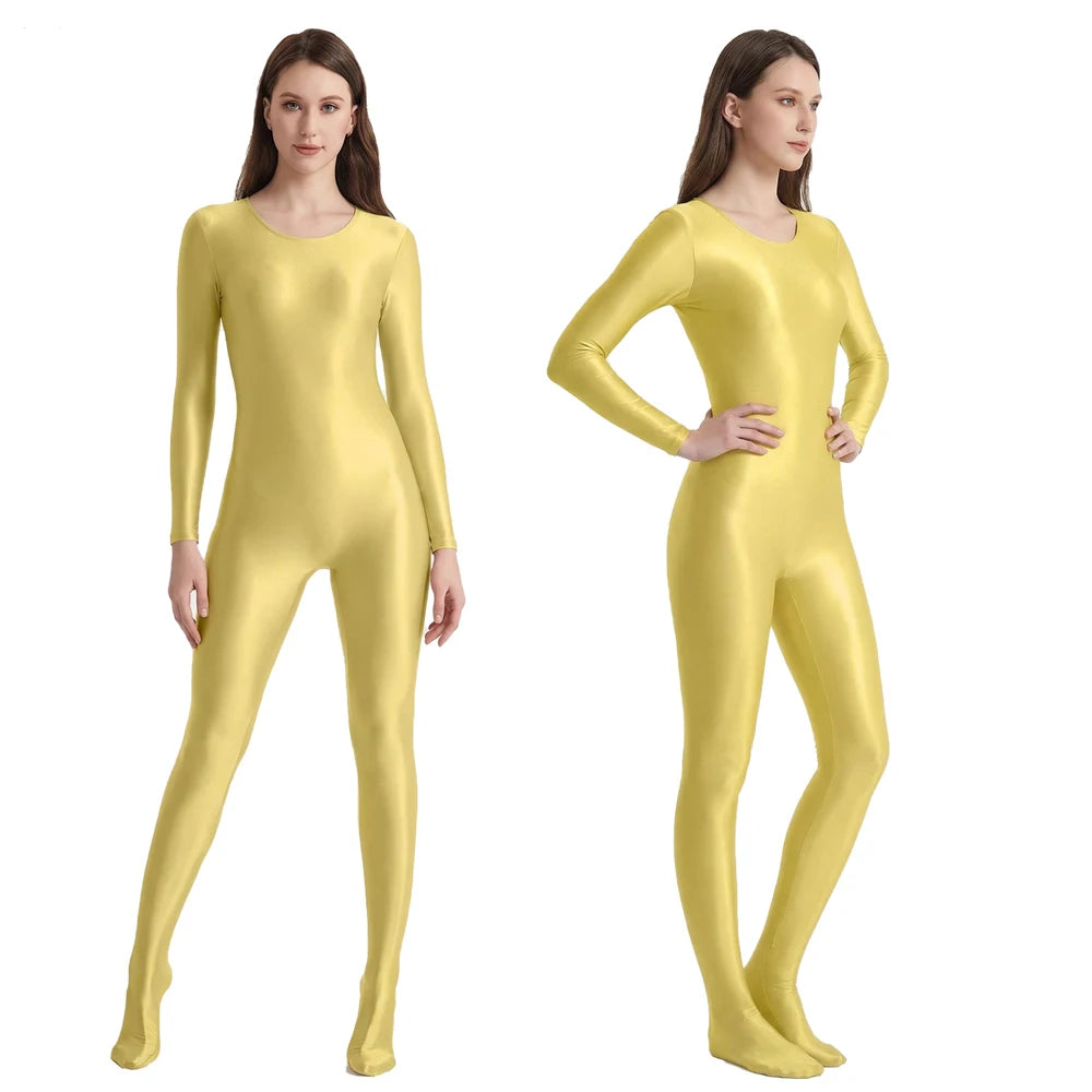 Women's Smooth Glossy High-Elastic Round Neck One Piece Catsuit Long Sleeve Zentai Jumpsuits Cosplay Performance Tights Bodysuit