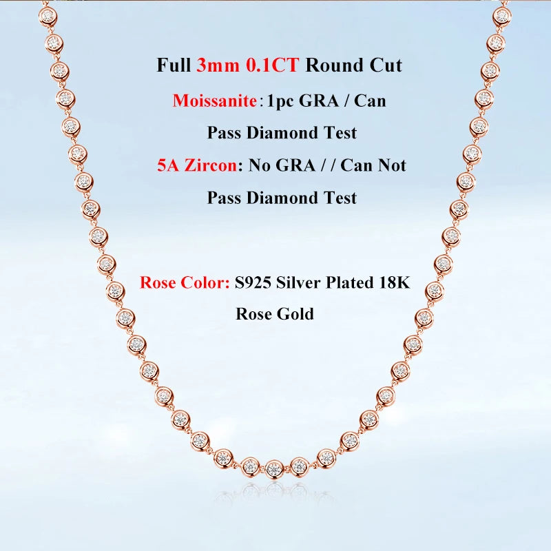 EWYA Round Bubble Full 3mm 0.1CT D Color Moissanite Tennis Chain for Women 925 Silver GRA Certified 16 18 20 inch Bezel Necklace
