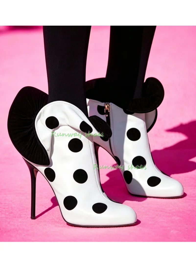 Black And White Polka Dots Ankle Boots Equipped With Large Bow With Ruffles Boot Pointed Tip Stiletto Heels Party Women's Boots