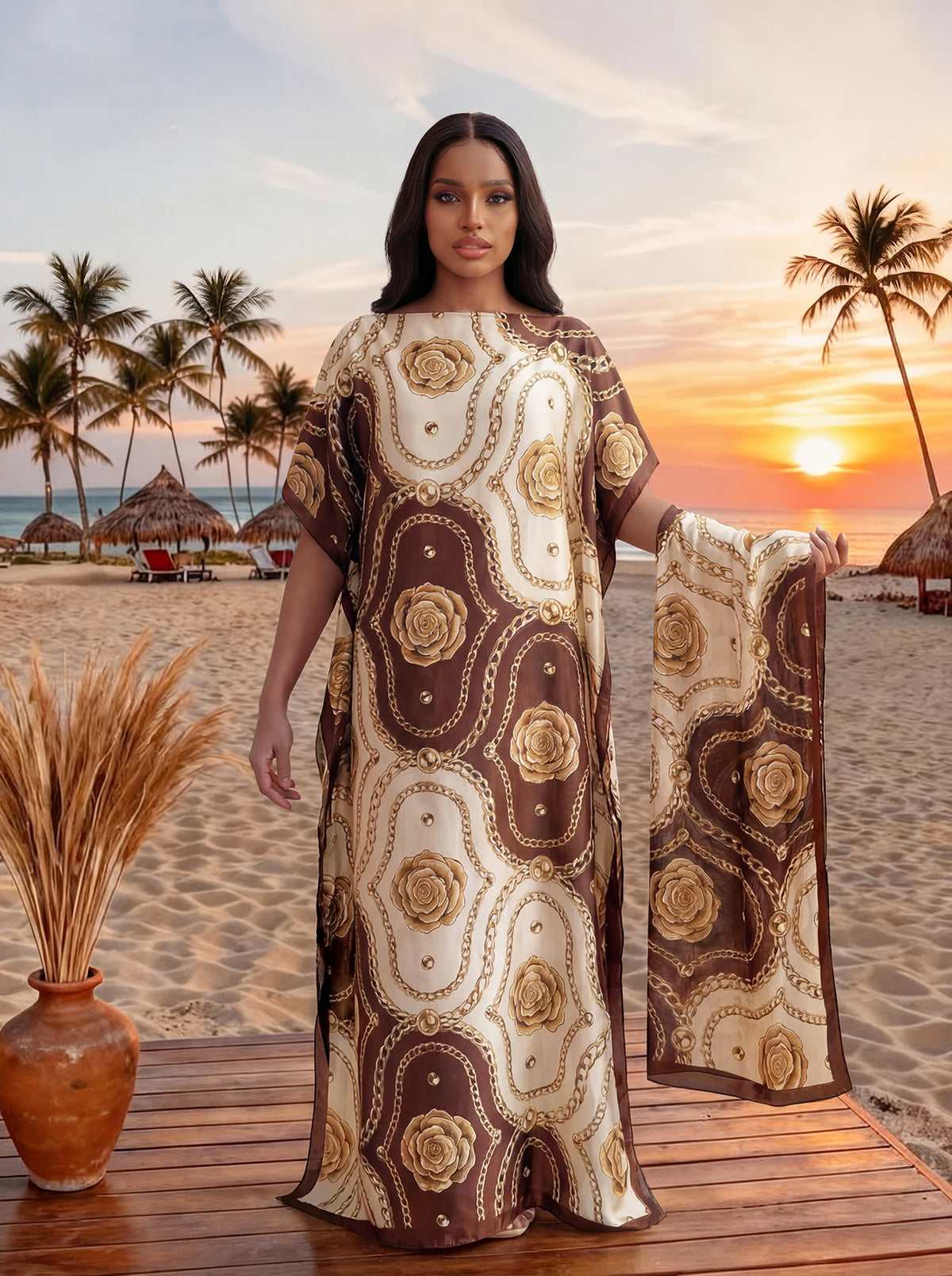 Fashion Summer Print Dress With Big Scarf Dubai Turkey Kaftan Muslim Loose Abaya Women African Casual Paisley Shawl Robe MOOMOO
