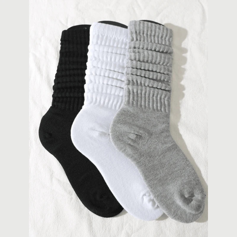 3 Pairs Women Pile Up Socks Fashionable Trendy Versatile White Solid Color Basic Socks Comfortable Breathable Mid Length Socks