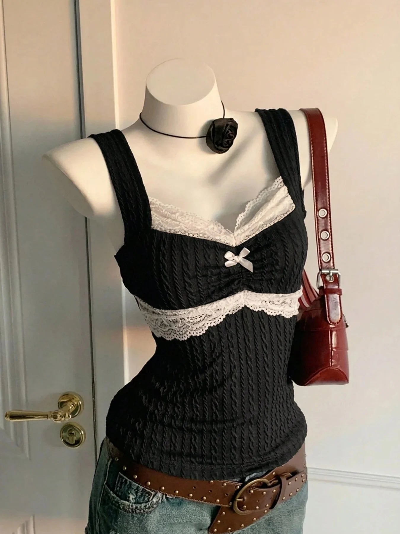 Y2K summer fashion new patchwork lace bow decoration pure desire vest, versatile top for wearing outside
