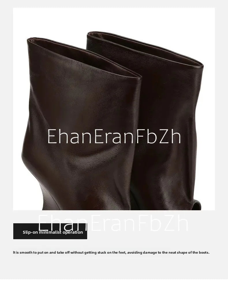 2006SoleLadies'-Spring/Summer-New-Fish-Mouth-Slope-High-Heel-Short-Boots-with-Pointed-Toe-Exposed-Cool-Boots,-Mid-Top-Boots