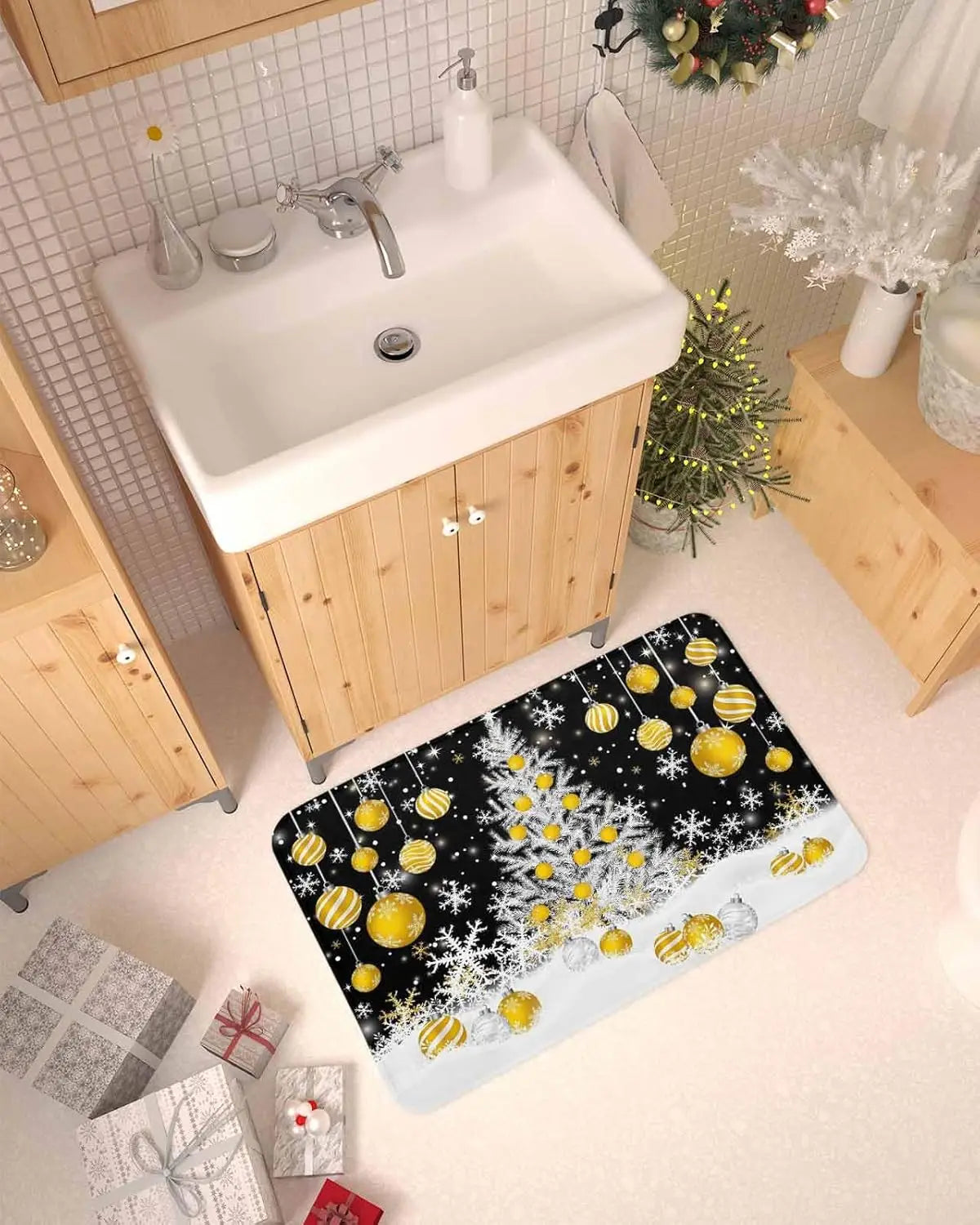 Merry Christmas Tree Snowflake Ball Navy Blue Non-slip Door Mat Entrance Welcome Mat Balcony Hallway Rugs Christmas Decorations
