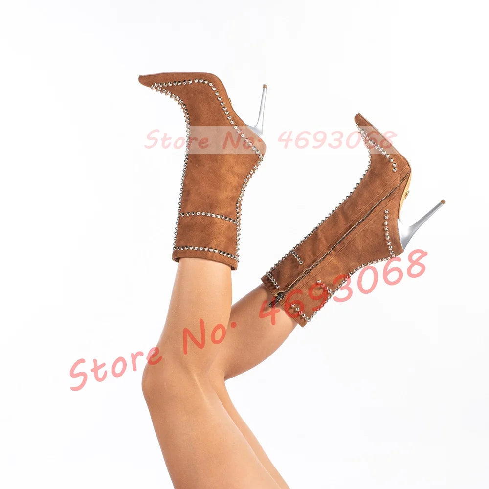 Pointed Toe Rivets Trim Heeled Ankle Boots Women Trendy Bling Studded Suede Leather Booties Luxury Side-zip Metal Dacor Shoes