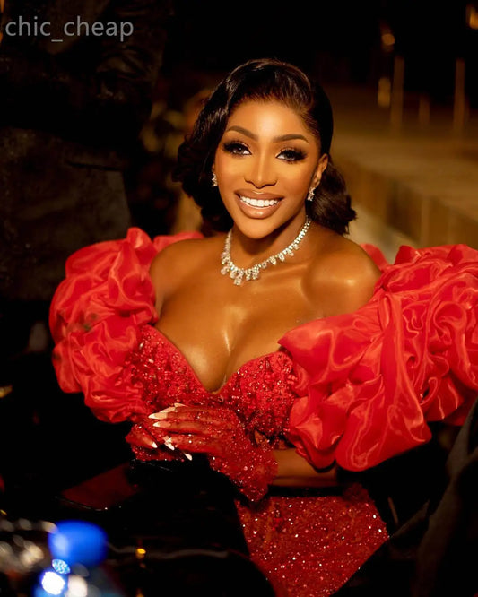 Luxurious Beaded Prom Dresses Off The Shoulder Sequined Evening Dress Ruffles Sleeve Jumpsuits Celebrity Party Gown