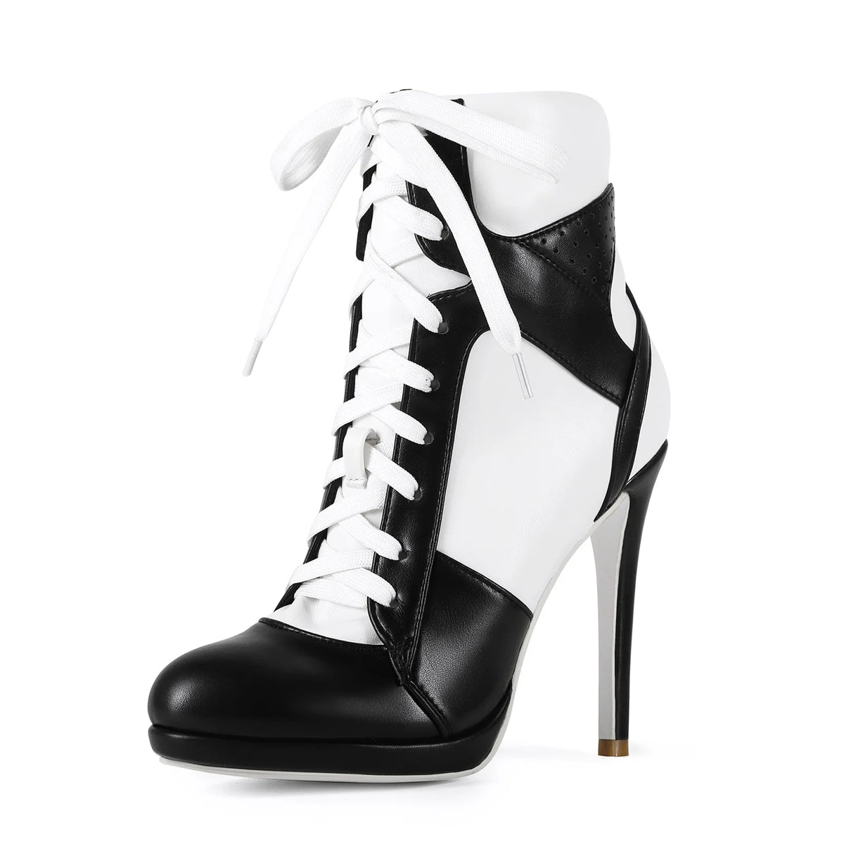 Women High Heel Black White Sports Ankle Boots Slim High Heel Lace Up High Top Sport Boots Plus Size 43